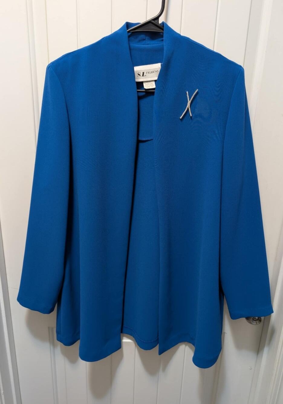 Vintage S.L. Fashions Womens 12 Jacket Royal Blue Chiffon Brooch Duster Formal